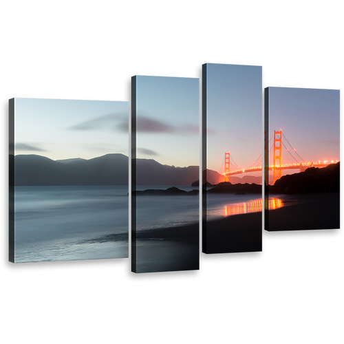 City Bridge Canvas Wall Art, Amazing Orange San Francisco Bridge 4 Piece Canvas, Gold Gate Grey Dusk Canvas Print