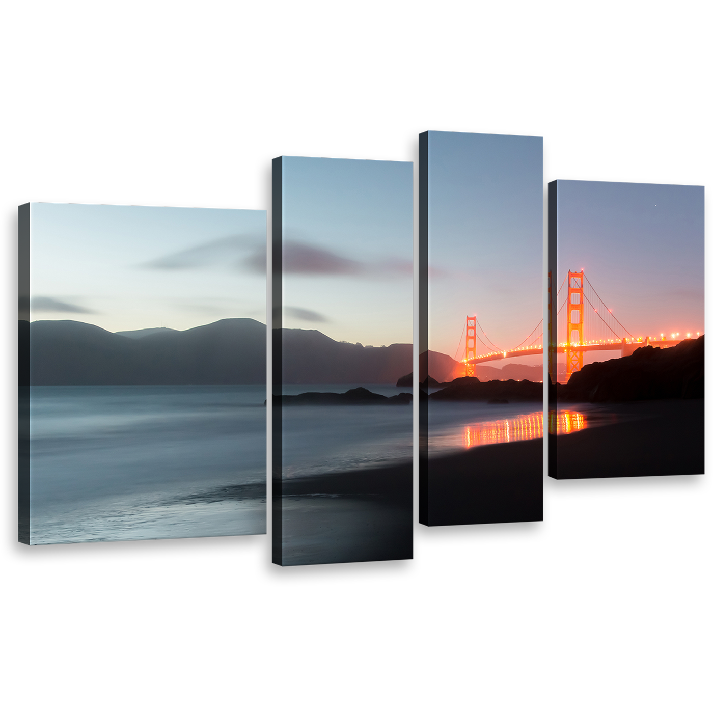 City Bridge Canvas Wall Art, Amazing Orange San Francisco Bridge 4 Piece Canvas, Gold Gate Grey Dusk Canvas Print