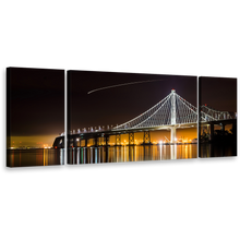 Load image into Gallery viewer, City-Bridge-Canvas-Wall-Art-Black-Dawn-Lake-Reflection-3-Piece-Multiple-Canvas-Majestic-Orange-East-Spain-Bridge-Triptych-Canvas-Print
