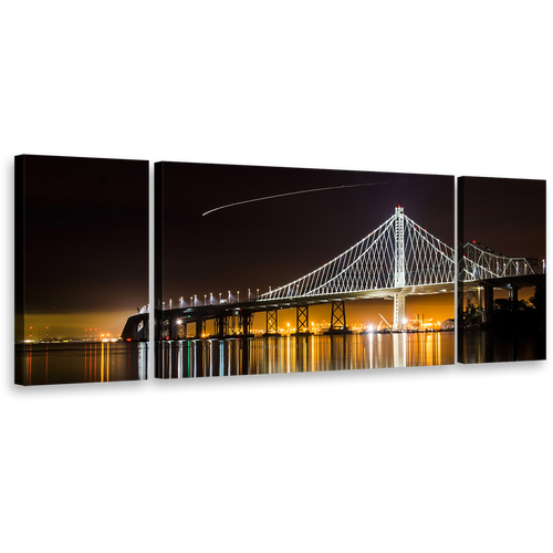 City-Bridge-Canvas-Wall-Art-Black-Dawn-Lake-Reflection-3-Piece-Multiple-Canvas-Majestic-Orange-East-Spain-Bridge-Triptych-Canvas-Print