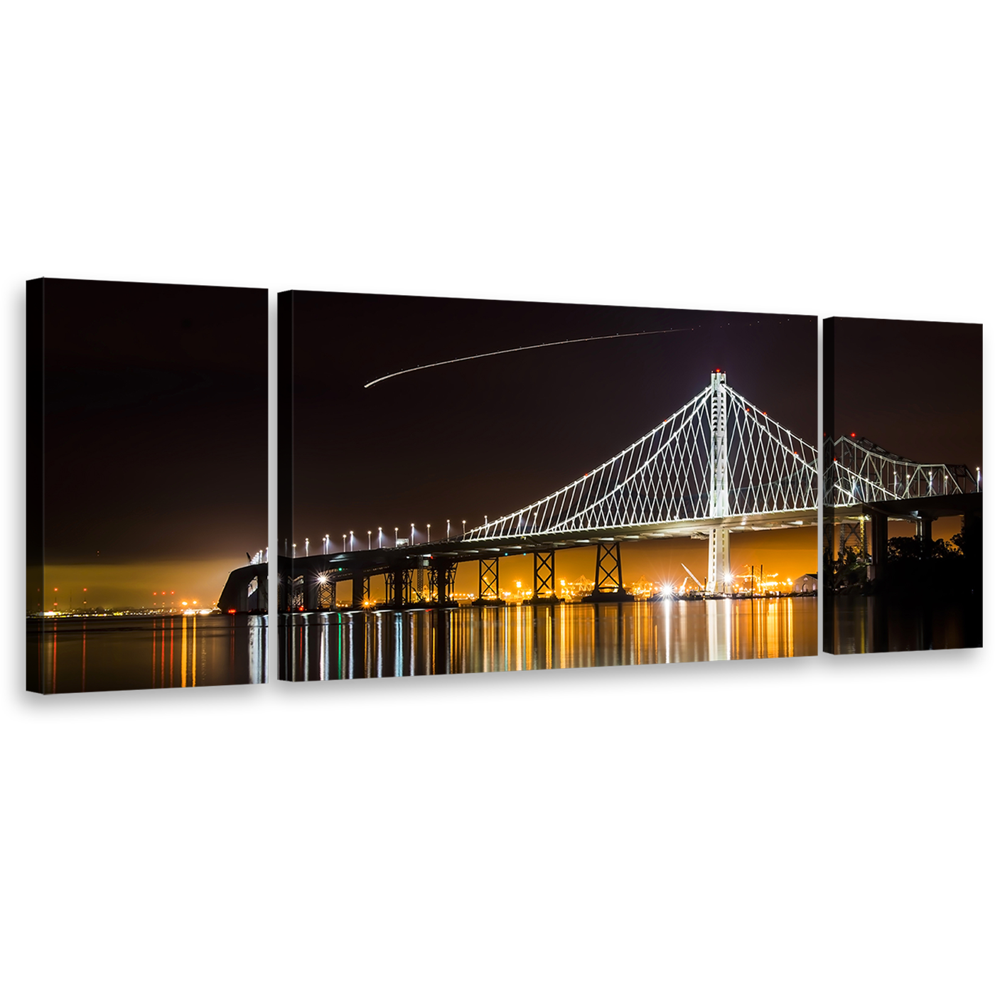 City-Bridge-Canvas-Wall-Art-Black-Dawn-Lake-Reflection-3-Piece-Multiple-Canvas-Majestic-Orange-East-Spain-Bridge-Triptych-Canvas-Print