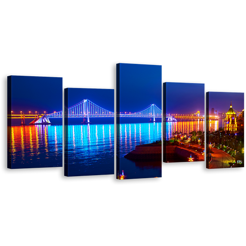 City Bridge Canvas Wall Art, Evening  Blue Bay Cross-Sea Bridge with Reflective Orange Night Lights 5 Piece Canvas Print