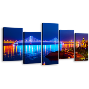 City Bridge Canvas Wall Art, Evening  Blue Bay Cross-Sea Bridge with Reflective Orange Night Lights 5 Piece Canvas Print