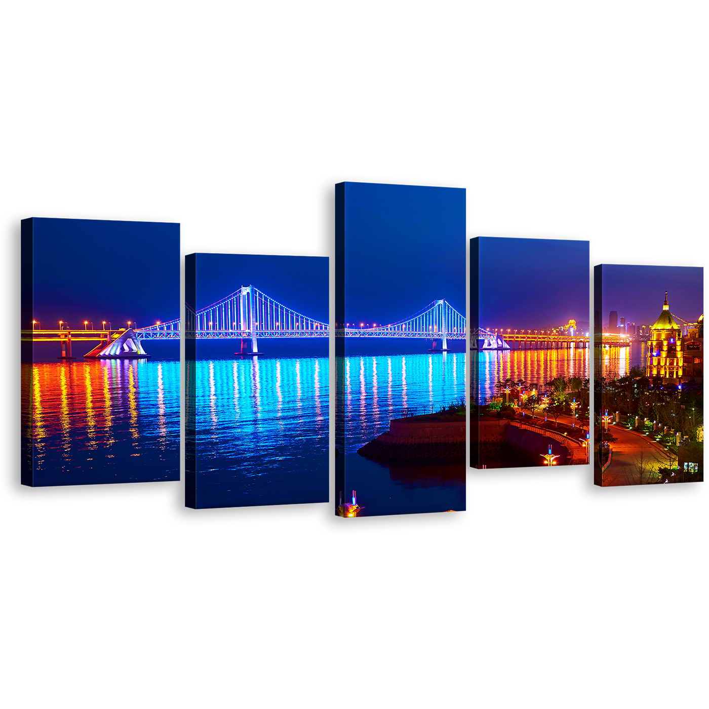 City Bridge Canvas Wall Art, Evening  Blue Bay Cross-Sea Bridge with Reflective Orange Night Lights 5 Piece Canvas Print