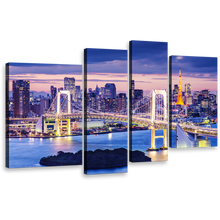 Load image into Gallery viewer, City Bridge Canvas Wall Art, Gold Rainbow Tokyo Skyline Night 4 Piece Canvas, Tokyo Bay Blue Harbor Canvas Print
