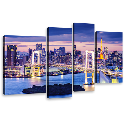 City Bridge Canvas Wall Art, Gold Rainbow Tokyo Skyline Night 4 Piece Canvas, Tokyo Bay Blue Harbor Canvas Print