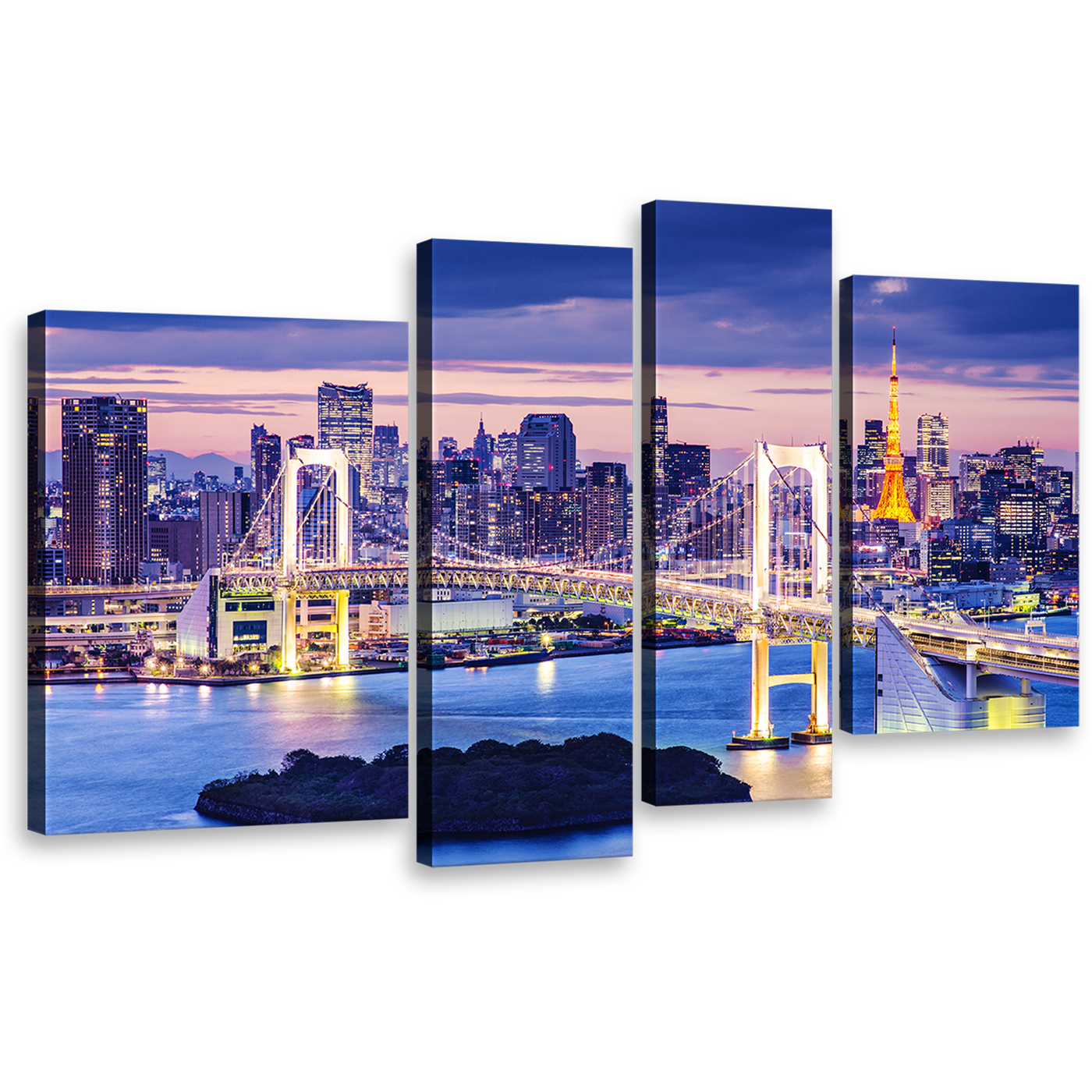 City Bridge Canvas Wall Art, Gold Rainbow Tokyo Skyline Night 4 Piece Canvas, Tokyo Bay Blue Harbor Canvas Print