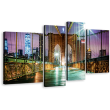 Load image into Gallery viewer, City Bridge Canvas Wall Art, New York City Purple Sky Canvas Print, Green Brooklyn Bridge at Night 4 Piece Multi Canvas Artwork
