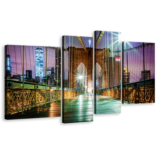 City Bridge Canvas Wall Art, New York City Purple Sky Canvas Print, Green Brooklyn Bridge at Night 4 Piece Multi Canvas Artwork