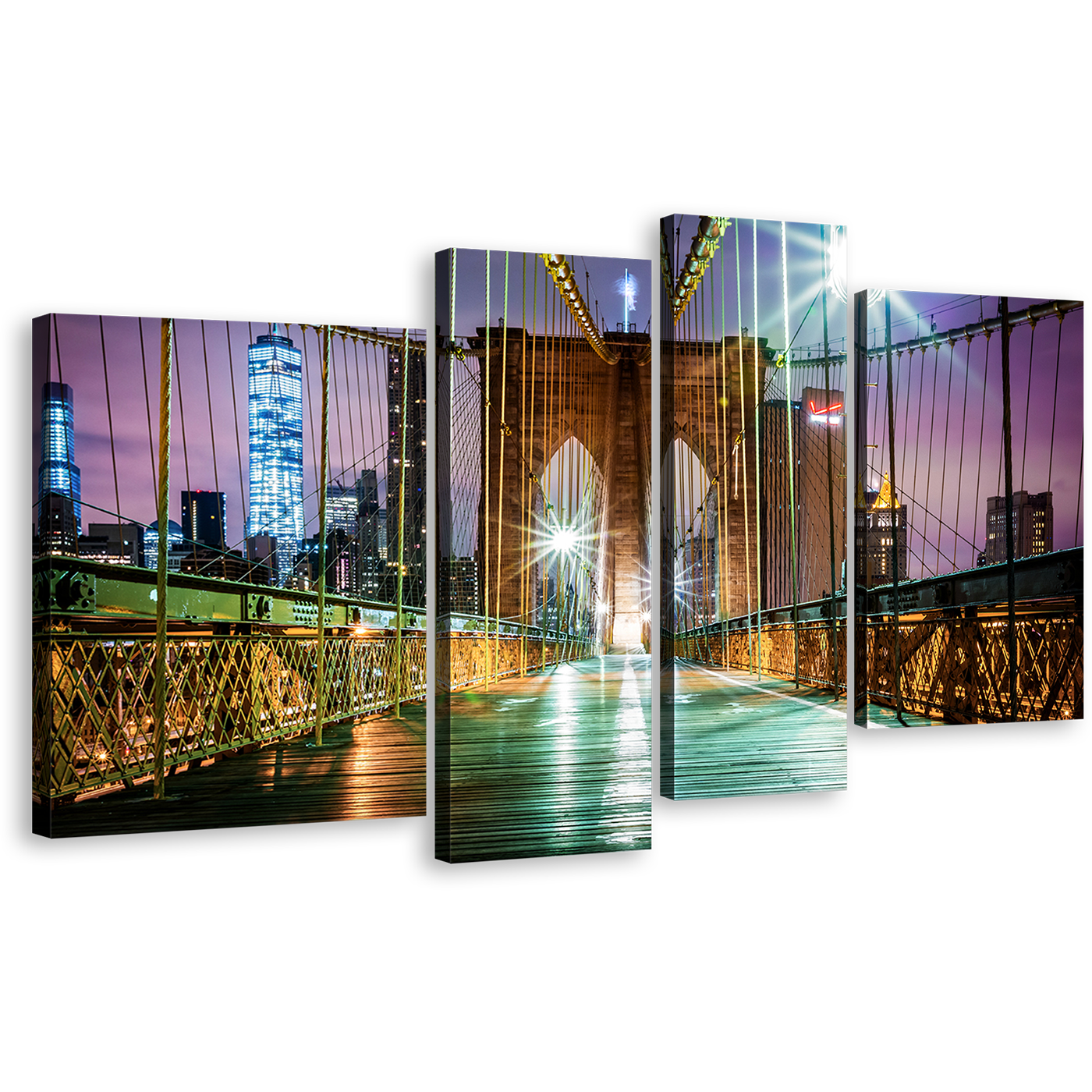 City Bridge Canvas Wall Art, New York City Purple Sky Canvas Print, Green Brooklyn Bridge at Night 4 Piece Multi Canvas Artwork