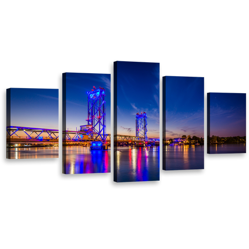 City Bridge Canvas Wall Art, Orange Memorial Piscataqua River 5 Piece Multi Canvas, New Hampshire Blue Night Sky Canvas Print