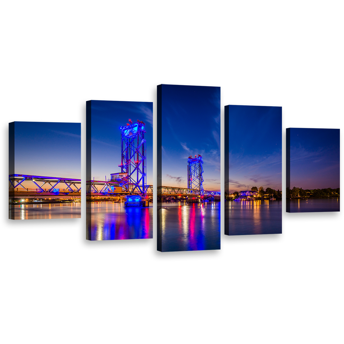 City Bridge Canvas Wall Art, Orange Memorial Piscataqua River 5 Piece Multi Canvas, New Hampshire Blue Night Sky Canvas Print