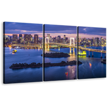 Load image into Gallery viewer, City Bridge Wall Art, Tokyo Bay Blue Sky Cityscape Skyline Canvas Print, Beautiful Yellow Rainbow Bridge 3 Piece Canvas Set
