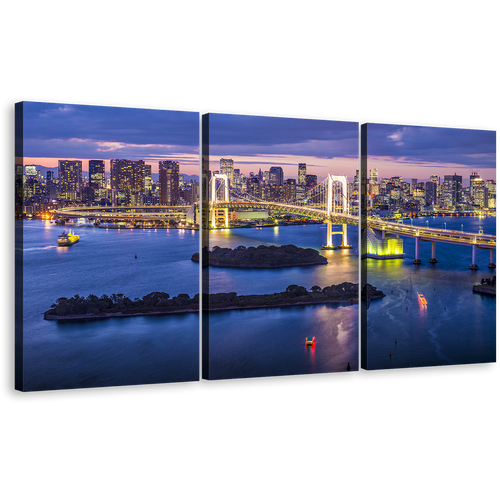 City Bridge Wall Art, Tokyo Bay Blue Sky Cityscape Skyline Canvas Print, Beautiful Yellow Rainbow Bridge 3 Piece Canvas Set