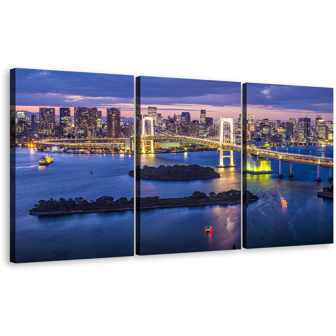 City Bridge Wall Art, Tokyo Bay Blue Sky Cityscape Skyline Canvas Print, Beautiful Yellow Rainbow Bridge 3 Piece Canvas Set