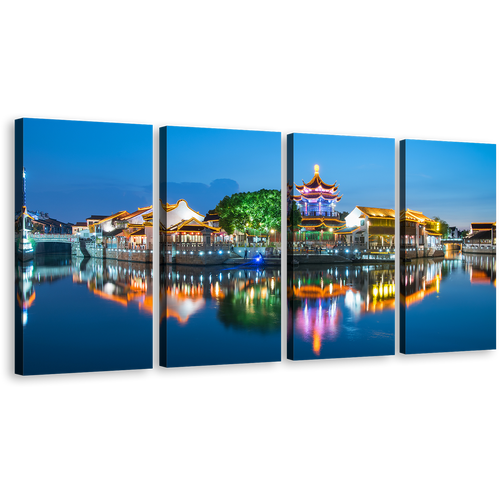 City Landscape Canvas Print, Colorful City View 4 Piece Canvas Wall Art, City Lights Reflection Multi Canvas