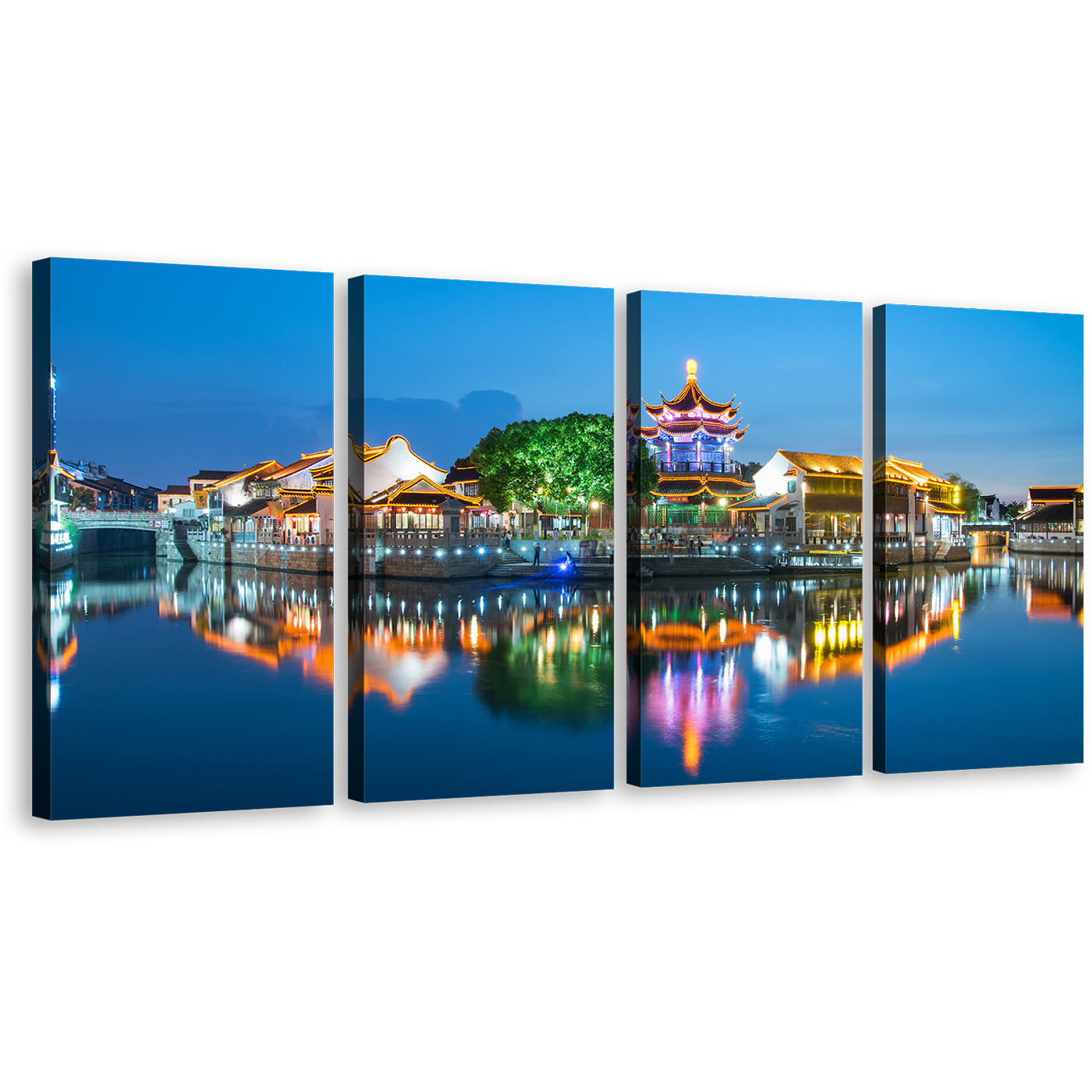 City Landscape Canvas Print, Colorful City View 4 Piece Canvas Wall Art, City Lights Reflection Multi Canvas