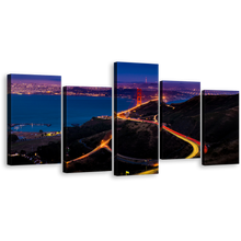 Load image into Gallery viewer, City Lights Canvas Print, Purple City Skyline Multi Canvas, California Blue Sky Golden Gate Bridge 5 Piece Wall Art
