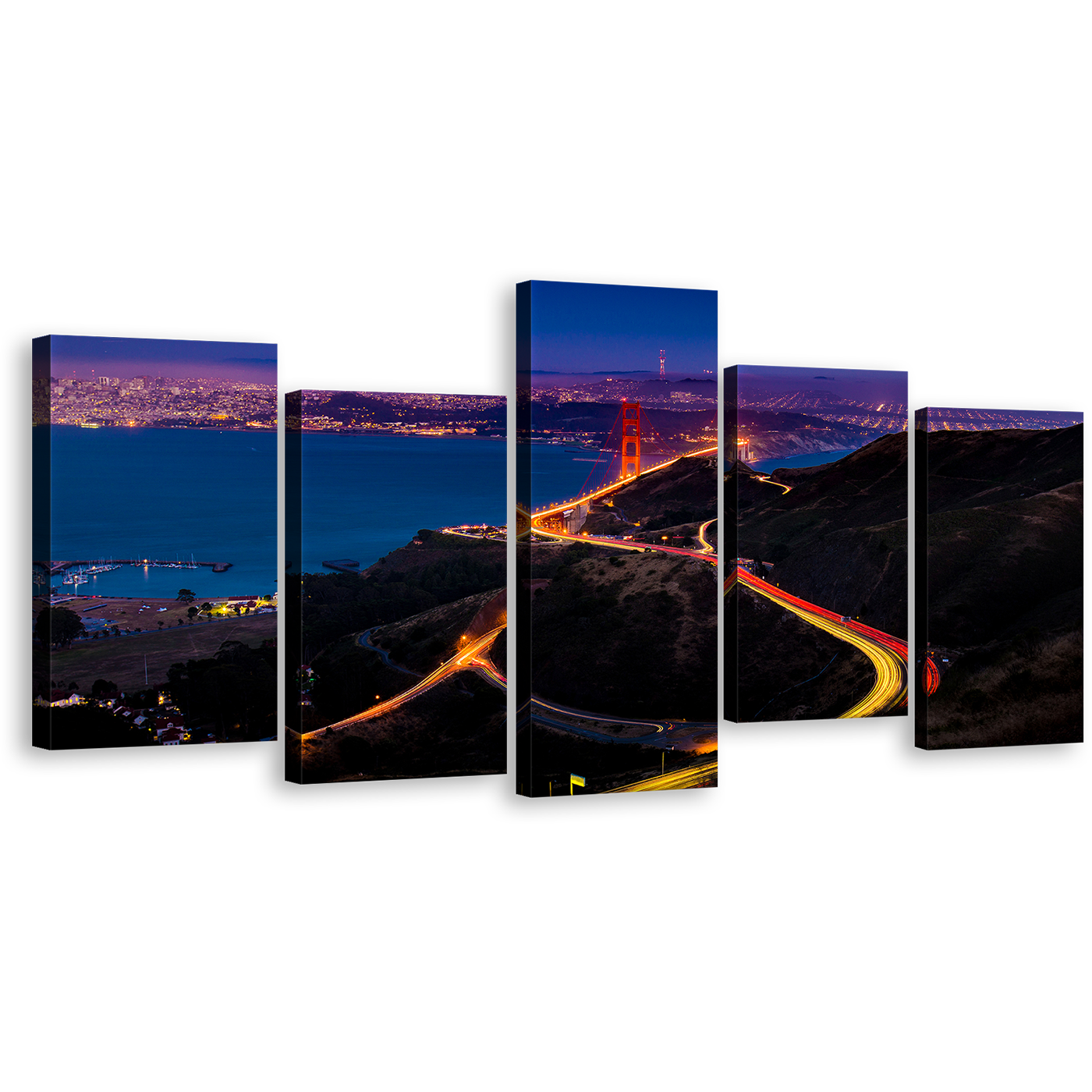 City Lights Canvas Print, Purple City Skyline Multi Canvas, California Blue Sky Golden Gate Bridge 5 Piece Wall Art