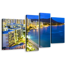 Load image into Gallery viewer, City Lights Canvas Print, Waikiki Yellow City Beach Canvas Set, Blue Beach Landscape Multi Canvas, Honolulu Hawaii 4 Piece Canvas Wall Art
