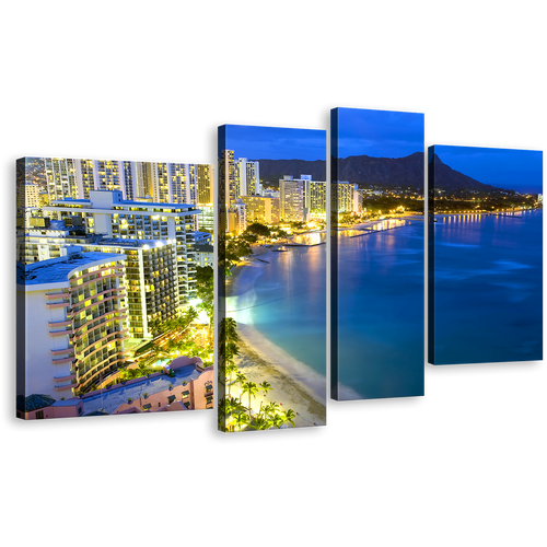 City Lights Canvas Print, Waikiki Yellow City Beach Canvas Set, Blue Beach Landscape Multi Canvas, Honolulu Hawaii 4 Piece Canvas Wall Art