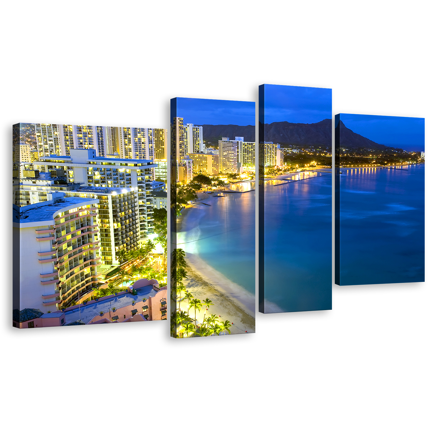 City Lights Canvas Print, Waikiki Yellow City Beach Canvas Set, Blue Beach Landscape Multi Canvas, Honolulu Hawaii 4 Piece Canvas Wall Art