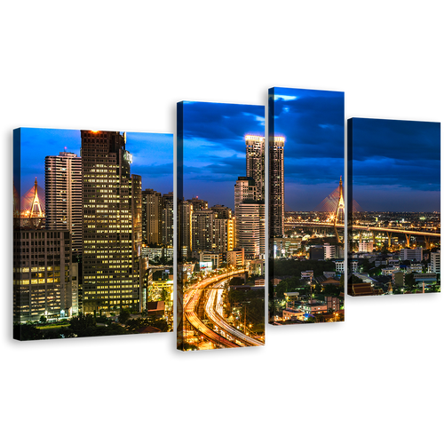 City Lights Canvas Wall Art, Bangkok Blue Sky Cityscape 4 Piece Canvas Set, Thailand Brown City Canvas Print