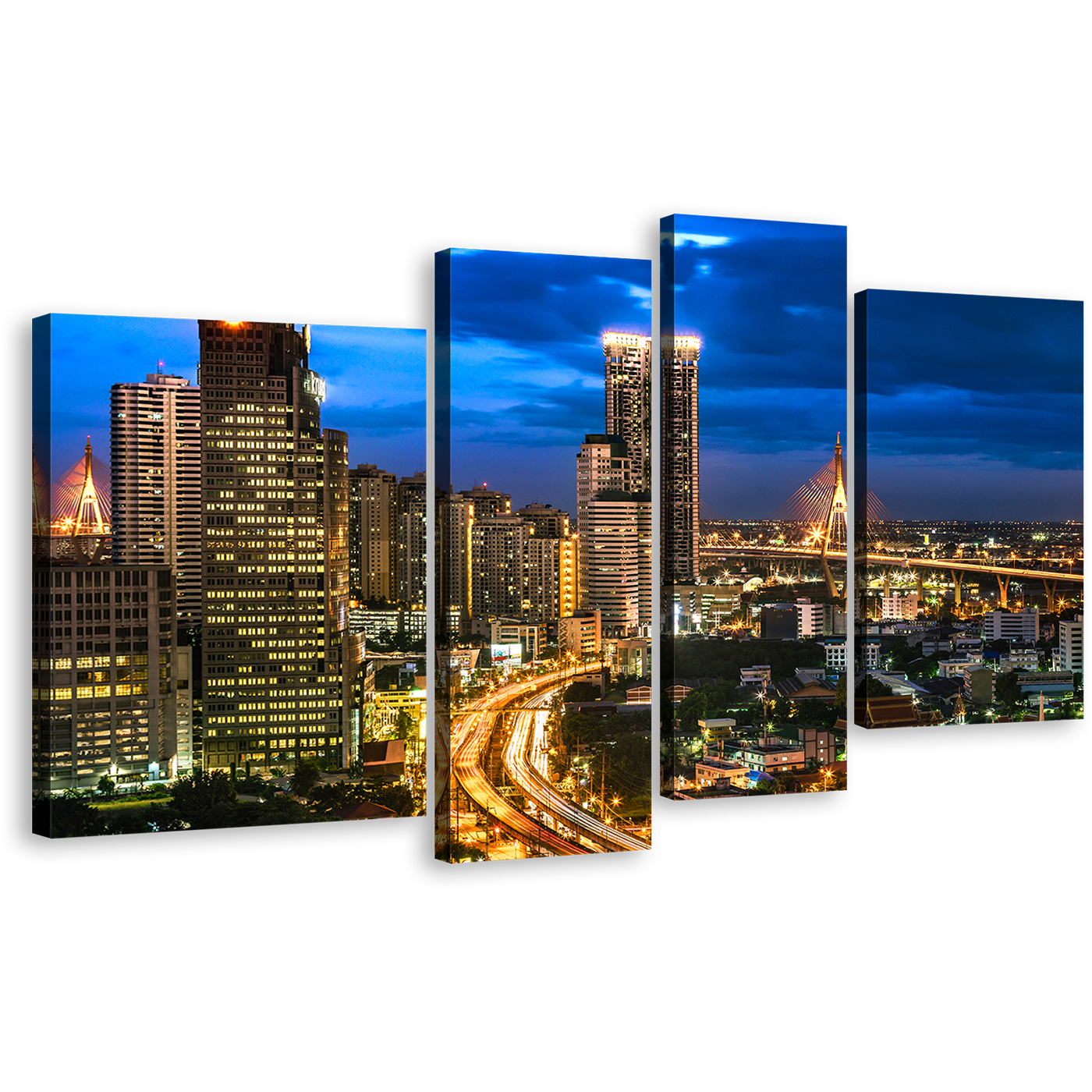 City Lights Canvas Wall Art, Bangkok Blue Sky Cityscape 4 Piece Canvas Set, Thailand Brown City Canvas Print