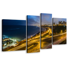 Load image into Gallery viewer, City Lights Canvas Wall Art, Beautiful Blue Lima Cityscape Beach Canvas Print, Yellow Peru Night Skyline 4 Piece Multiple Canvas
