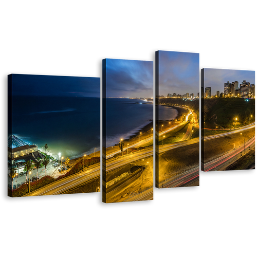 City Lights Canvas Wall Art, Beautiful Blue Lima Cityscape Beach Canvas Print, Yellow Peru Night Skyline 4 Piece Multiple Canvas