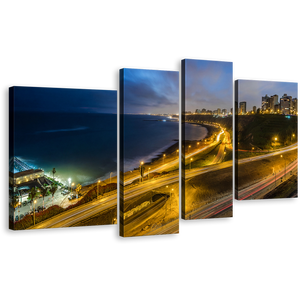 City Lights Canvas Wall Art, Beautiful Blue Lima Cityscape Beach Canvas Print, Yellow Peru Night Skyline 4 Piece Multiple Canvas