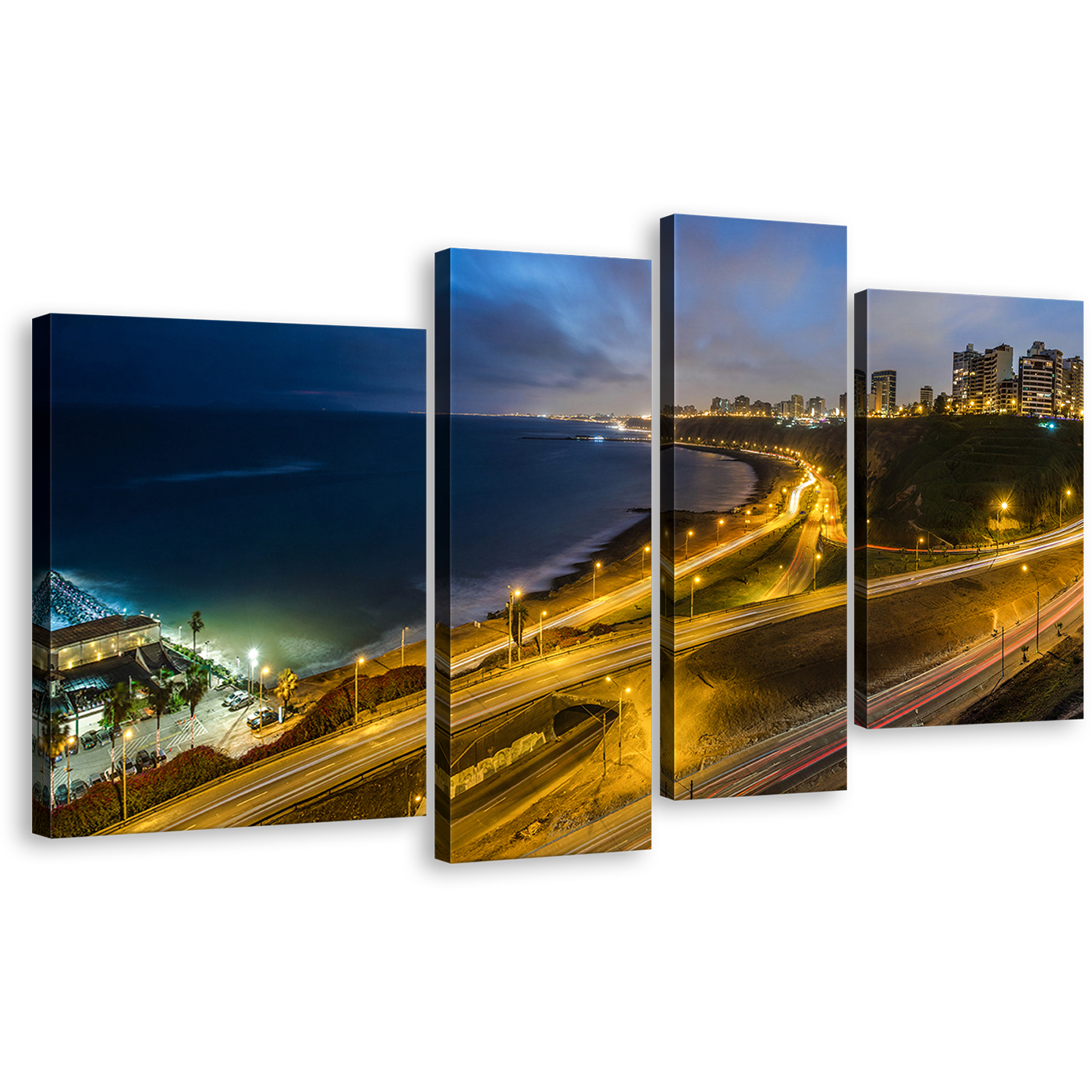 City Lights Canvas Wall Art, Beautiful Blue Lima Cityscape Beach Canvas Print, Yellow Peru Night Skyline 4 Piece Multiple Canvas