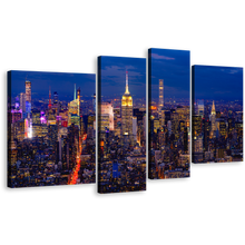 Load image into Gallery viewer, City Lights Canvas Wall Art, Blue Sky Empire State Building 4 Piece Canvas Set, Yellow Midtown Manhattan Canvas Print
