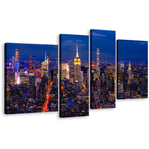 City Lights Canvas Wall Art, Blue Sky Empire State Building 4 Piece Canvas Set, Yellow Midtown Manhattan Canvas Print