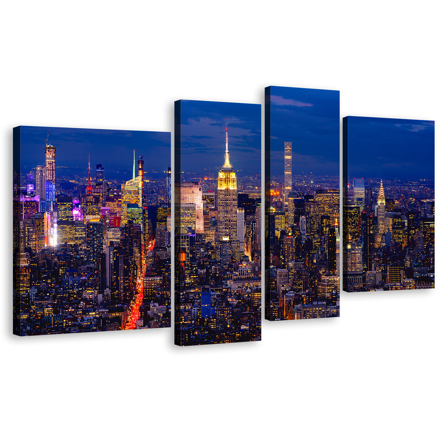 City Lights Canvas Wall Art, Blue Sky Empire State Building 4 Piece Canvas Set, Yellow Midtown Manhattan Canvas Print