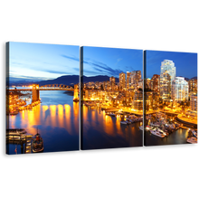 Load image into Gallery viewer, City Lights Canvas Wall Art, Yellow Vancouver Harbor 3 Piece Multi Canvas Artwork, Evening Blue Skyline Mountain Triptych Canvas Print
