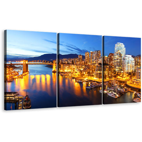 City Lights Canvas Wall Art, Yellow Vancouver Harbor 3 Piece Multi Canvas Artwork, Evening Blue Skyline Mountain Triptych Canvas Print