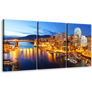 City Lights Canvas Wall Art, Yellow Vancouver Harbor 3 Piece Multi Canvas Artwork, Evening Blue Skyline Mountain Triptych Canvas Print