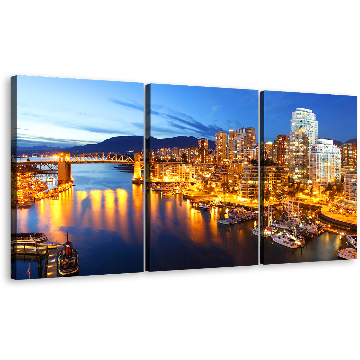 City Lights Canvas Wall Art, Yellow Vancouver Harbor 3 Piece Multi Canvas Artwork, Evening Blue Skyline Mountain Triptych Canvas Print