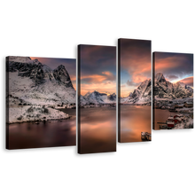 Load image into Gallery viewer, City Mountain Canvas Print, Orange Sunset Lofoten Norway 4 Piece Canvas Wall Art, Grey Reinevagen Mountains Multi Canvas
