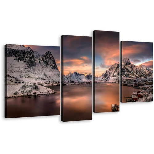 City Mountain Canvas Print, Orange Sunset Lofoten Norway 4 Piece Canvas Wall Art, Grey Reinevagen Mountains Multi Canvas