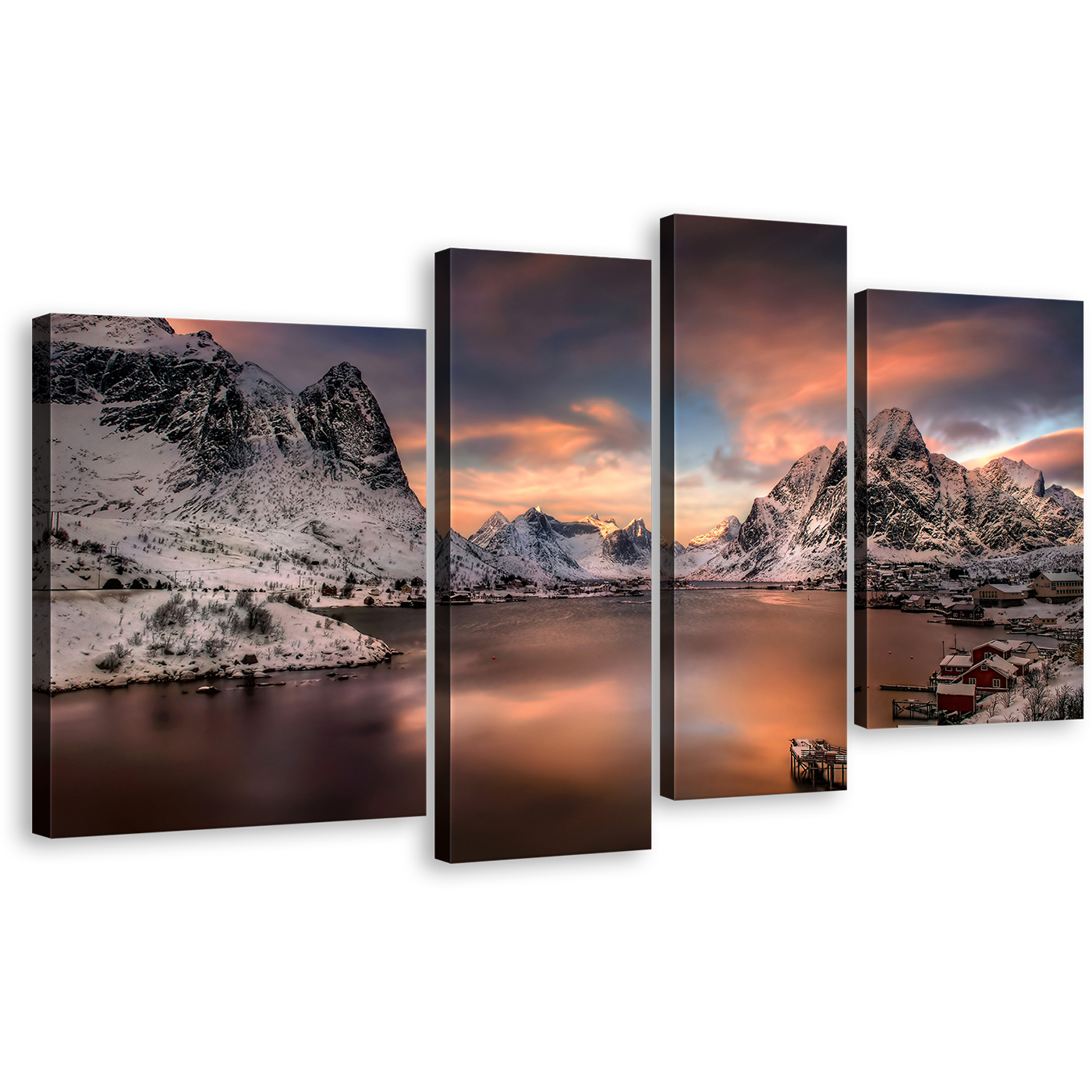 City Mountain Canvas Print, Orange Sunset Lofoten Norway 4 Piece Canvas Wall Art, Grey Reinevagen Mountains Multi Canvas