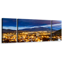 Load image into Gallery viewer, City Mountain Canvas Wall Art, Beautiful Yellow Night Street Lights 3 Piece Canvas Print, Blue Armenia Vanadzor Skyline Triptych Canvas Set
