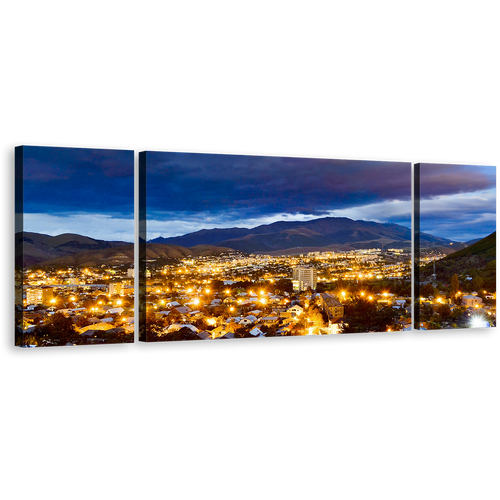 City Mountain Canvas Wall Art, Beautiful Yellow Night Street Lights 3 Piece Canvas Print, Blue Armenia Vanadzor Skyline Triptych Canvas Set