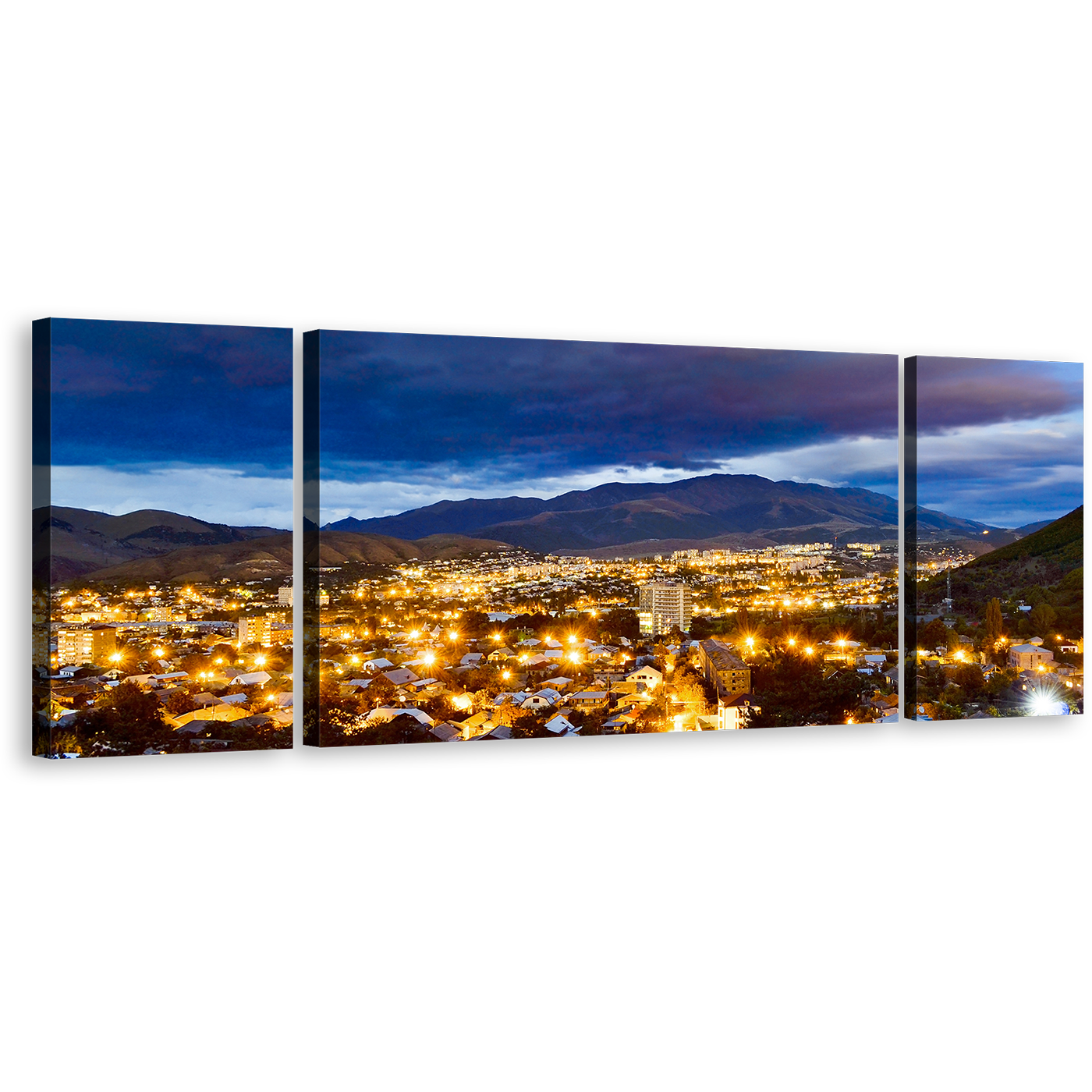 City Mountain Canvas Wall Art, Beautiful Yellow Night Street Lights 3 Piece Canvas Print, Blue Armenia Vanadzor Skyline Triptych Canvas Set