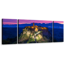 Load image into Gallery viewer, City Mountain Canvas Wall Art, Civita di Bagnoregio 3 Piece Multi Canvas Artwork, Italy Blue Mountain Sunrise Canvas Print
