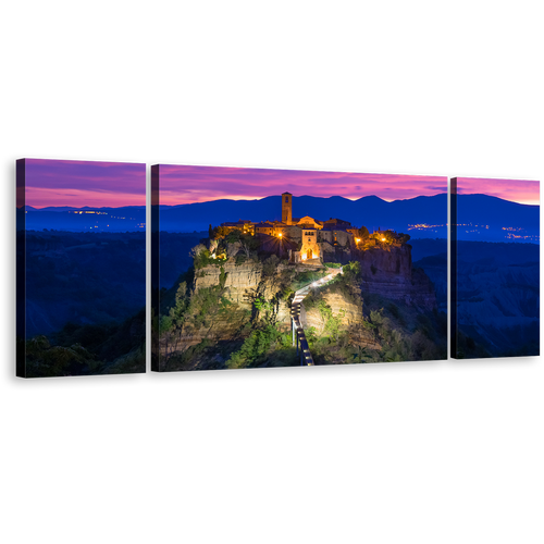 City Mountain Canvas Wall Art, Civita di Bagnoregio 3 Piece Multi Canvas Artwork, Italy Blue Mountain Sunrise Canvas Print