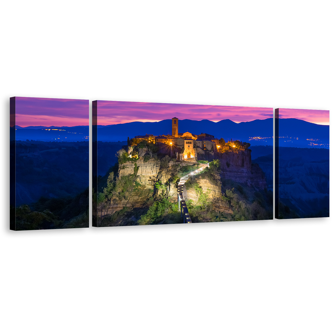 City Mountain Canvas Wall Art, Civita di Bagnoregio 3 Piece Multi Canvas Artwork, Italy Blue Mountain Sunrise Canvas Print