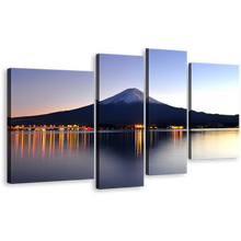 Load image into Gallery viewer, City Mountain Wall Art, Blue Mount Fuji Night Reflection Canvas Print, Japanese Mountains Orange Lake Photography 4 Piece Canvas Set
