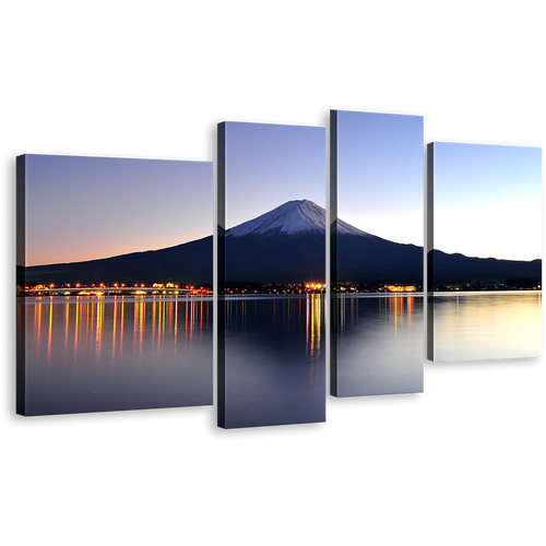 City Mountain Wall Art, Blue Mount Fuji Night Reflection Canvas Print, Japanese Mountains Orange Lake Photography 4 Piece Canvas Set